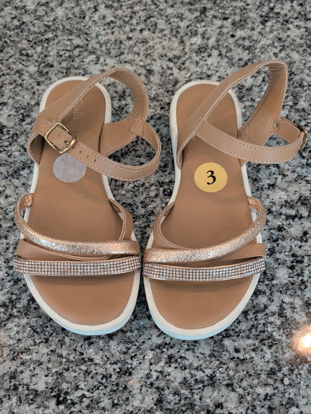 Girls' Tan Metallic Strap Sandals with Rhinestone Band